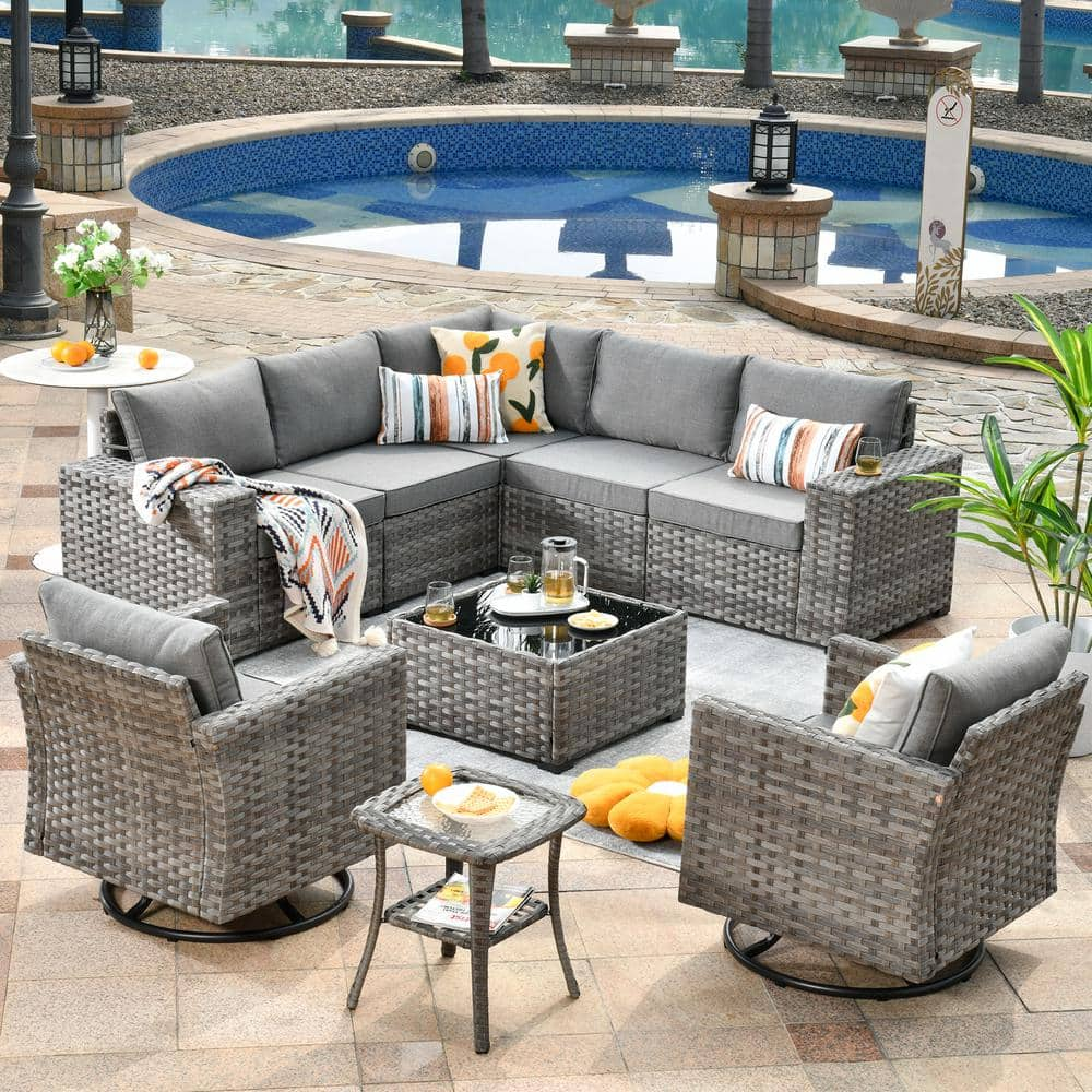 OVIOS Marvel Gray 9-Piece Wicker Wide Arm Patio Conversation Set with ...