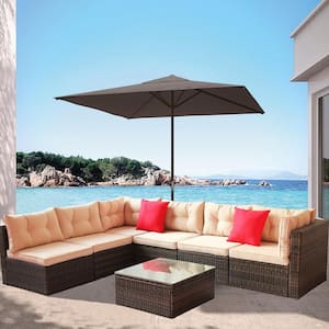 7-Piece Wicker Patio Conversation Set with Shallow Brown Cushions