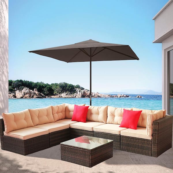 JimsMaison 7-Piece Wicker Patio Conversation Set with Shallow Brown Cushions