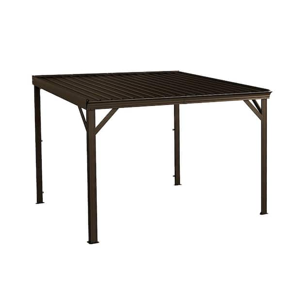 10 ft. x 10 ft. Brown Wall Mounted Gazebos Pergola with Drainage System, Hardtop Patio Shelter for Deck, Porch, Backyard