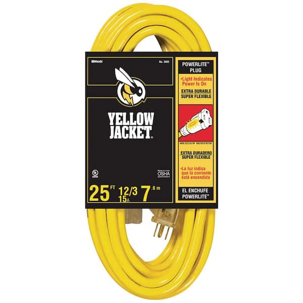 Yellow Jacket 25 ft. 12/3 SJTW Outdoor Heavy-Duty Extension Cord with Power Light Plug