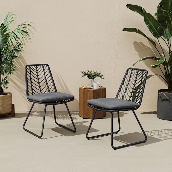 CHRISTOPHER KNIGHT HOME Willow Outdoor Patio Cushioned Dining Chairs, PE Rattan, Iron, Black and Grey, Set of 2