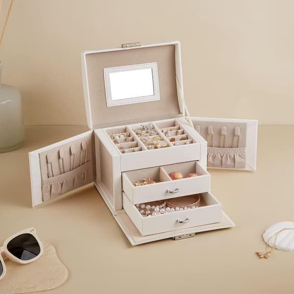 White 7 in. x 5.3 in. Polyurethane Modern 3-Tier Jewelry Organizer with 2-Drawers