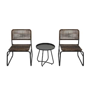 3-Piece Mixture Pattern Wicker Steel Frame Outdoor Bistro Set with Modern Round Table Brown and Black