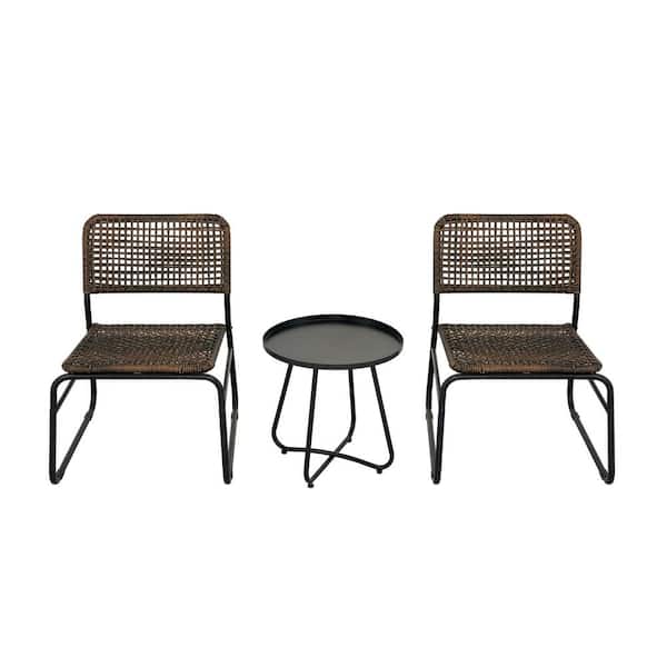 Angel Sar 3-Piece Mixture Pattern Wicker Steel Frame Outdoor Bistro Set with Modern Round Table Brown and Black