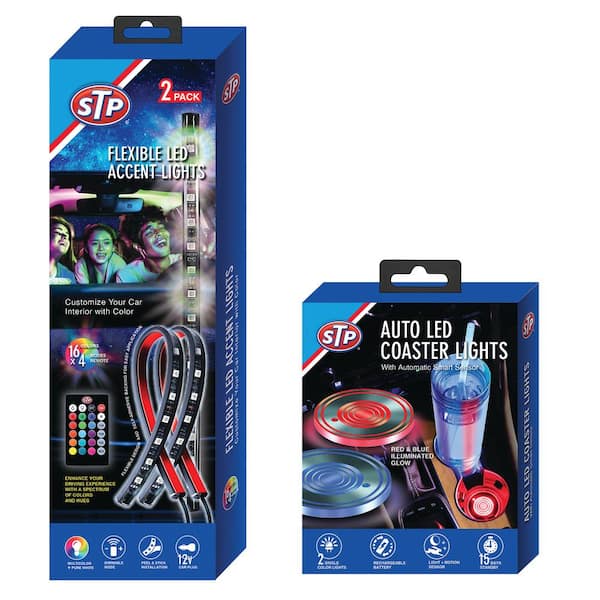 Auto LED Accent Bundle, 2 Multi-Color Light Strips, 2 Rechargeable Cup Sensor Coasters, Remote Control