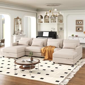 128.3 in. W Modern Large U-shape Polyester Sectional Sofa in. Beige with Hidden Storage and Lumbar Support Pillows