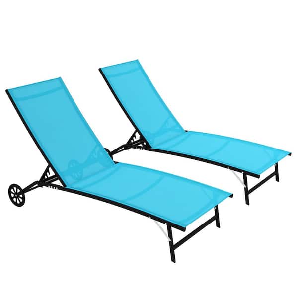 Unbranded 2-Piece Blue Outdoor Chaise Lounge with Wheels, Tanning Chair with 5 Adjustable Position for Beach, Yard, Pool