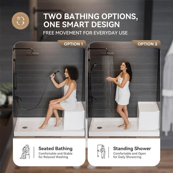 60 in. L x 32 in. W Alcove Shower Pan Base with Seat