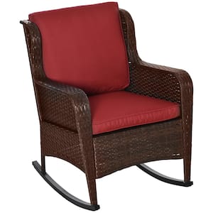Wine Red Patio Wicker Outdoor Rocking Chair with Soft Cushions, Classic Style for Garden, Patio, Lawn