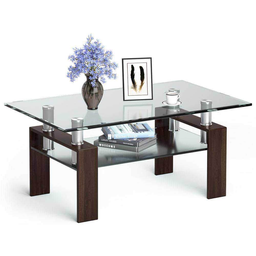 Rectangular Coffee Glass and Metal Coffee Table with Shelf