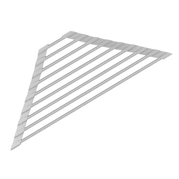 Silver Stainless Steel Triangle Sink Dish Drying Rack with Non-Slip Silicone Grip Space Saving Sponge Holder Mat