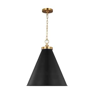 Wellfleet 19.5 in. W x 22.625 in. H 1-Light Midnight Black/Burnished Brass Large Cone Pendant Light with Metal Shade