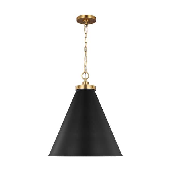 Generation Lighting Wellfleet 19.5 in. W x 22.625 in. H 1-Light Midnight Black/Burnished Brass Large Cone Pendant Light with Metal Shade