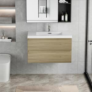 35.43 in. W x 19.69 in. D x 22.44 in. H Bathroom Wall Hung Vanity in Natural Oak with Single Basin Vanity Top in White