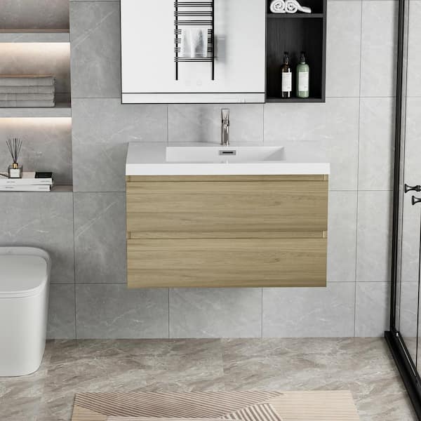 36 in. W x 19-3/4 in. D x 22-1/5 in. H Bathroom Wall Hung Vanity in Natural Oak with Single Basin Vanity Top in White