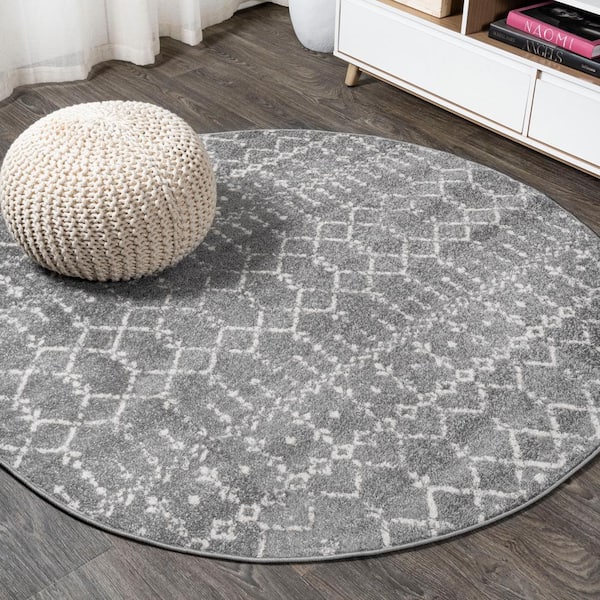Moroccan HYPE Gray/Ivory 3 ft. Round Boho Vintage Diamond Area Rug
