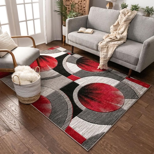 Ruby Yolo 4 ft. x 5 ft. Modern Abstract Geometric Red Grey Area Rug