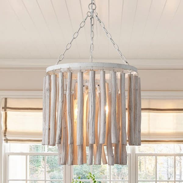 17 in. 4-Light Antique White Wooden Chandelier, Coastal Bedroom Chandelier, Farmhouse Kitchen Island Pendant Light