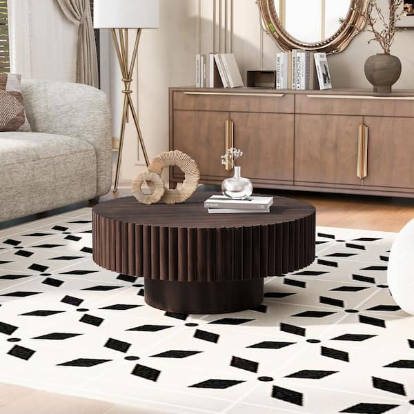 32 in. Espresso Round Wood Coffee Table, Fluted Drum Tea Table