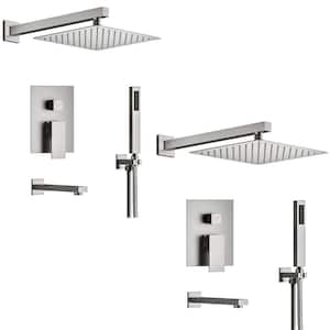 10 in. Square Rainfall Double Handles 3-Spray Tub and Shower Faucet 2.5 GPM in. Brushed Nickel Valve Included (2 Pack)