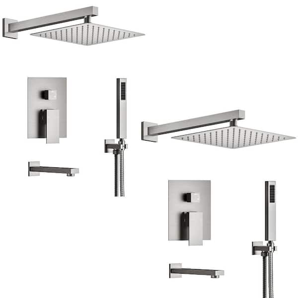 YAWWALK 10 in. Square Rainfall Double Handles 3-Spray Tub and Shower Faucet 2.5 GPM in Brushed Nickel Valve Included