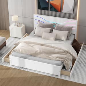 White Wood Frame Queen Size Platform Bed with LED Lighted Headboard, 4-Drawer