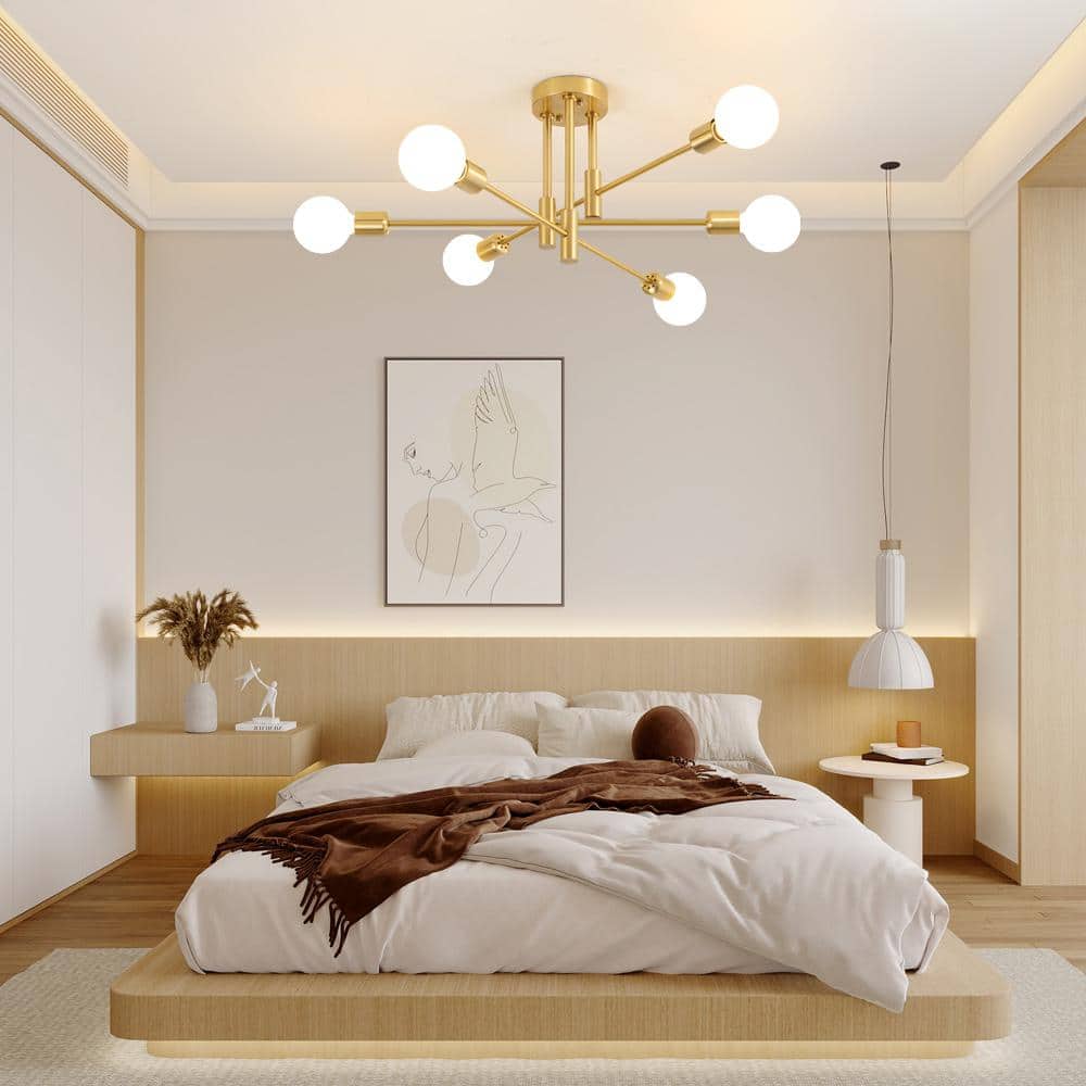 Gold 6-Light Sputnik Semi-Flush Mount Ceiling Fixture