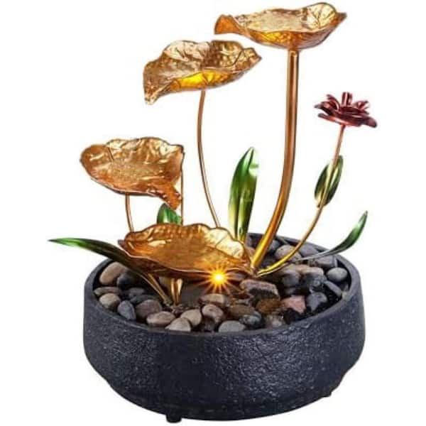 Metal Lotus Tabletop Fountain with Warm Yellow Light for Zen Decor Urn