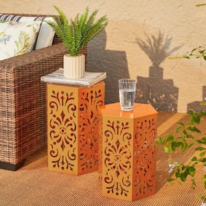 19.25 in. Orange Iron Floral Pattern Hexagonal Garden Stool/ Planter Stand/ Accent Table Kits and Accessories (2-pack)