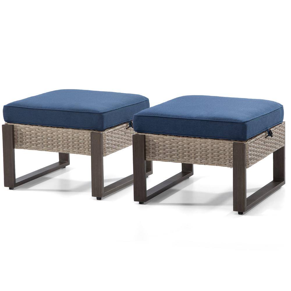JOYSIDE Wicker Outdoor Patio Ottoman with Steel Frame and Dark Blue