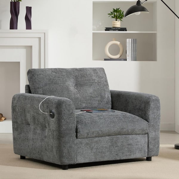 QYSZHK 33 in. Straight Arm Chenille Square Sofa with USB Port & Removable Covers & Performance Fabric in. Charcoal Grey