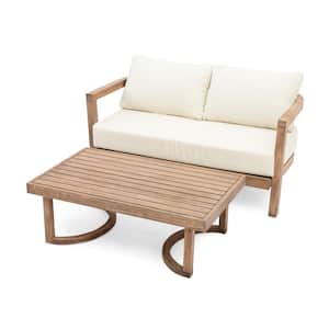 Mathena Brown Washed Acacia Wood Outdoor Loveseat and Coffee Table Set with Beige Cushions
