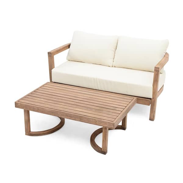Noble House Mathena Brown Washed Acacia Wood Outdoor Loveseat and Coffee Table Set with Beige Cushions