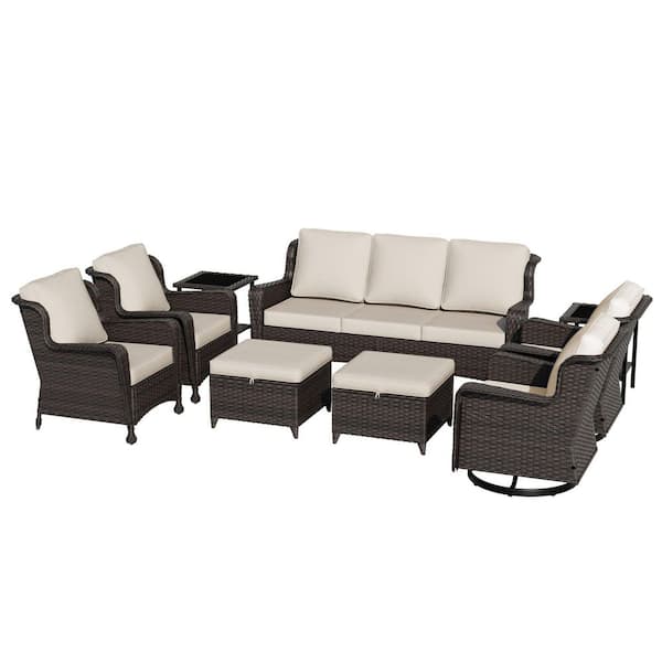 9-Piece Wicker Patio Furniture Conversation Set All-Weather Rattan Rocking Swivel Chairs with Beige Cushions