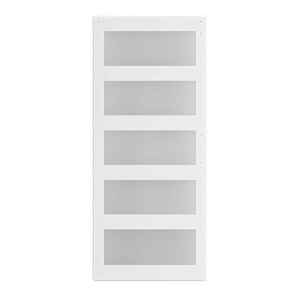 24 in. x 84 in. 5 Solid Core Frosted White Glass Finished Interior Barn Doo