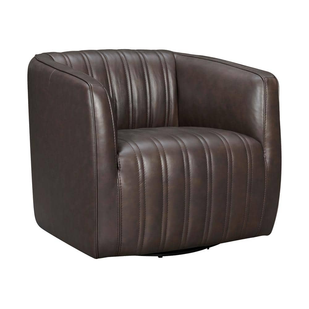 Espresso Geometric Leather Swivel Barrel Accent Chair