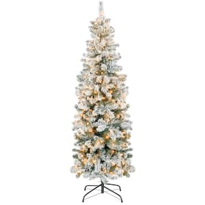 9 ft. Pre-Lit Incandescent Snow Flocked Pencil Artificial Christmas Tree with 500 Clear Lights