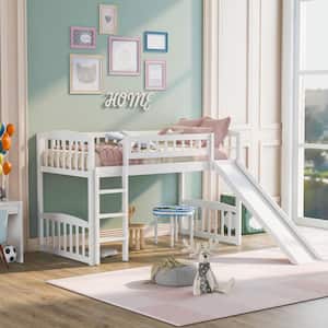White Wood Frame Twin Size Low Loft Bed with Slide and Built-in Ladder