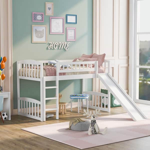 Harper & Bright Designs White Wood Frame Twin Size Low Loft Bed with Slide and Built-in Ladder