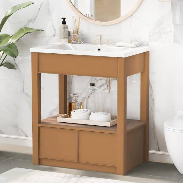 FAMYYT 30 in. W x 18 in. D x 34 in. H Single Sink Solid Wood Frame Freestanding Bath Vanity in Brown with White Ceramic Top