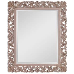 30.5 in. x 36.5 in. Modern Natural Rectangle Filigree Carved Wooden Framed Brown Decorative Mirror