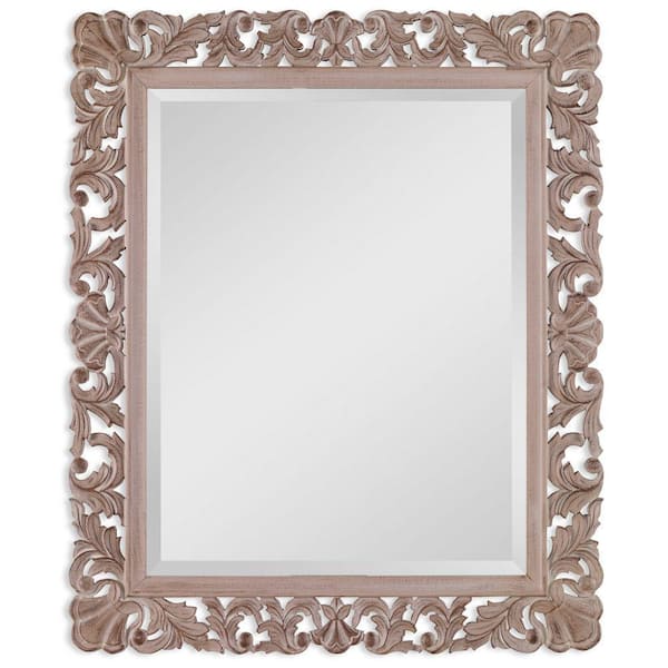 Benjara 30.5 in. x 36.5 in. Modern Natural Rectangle Filigree Carved Wooden Framed Brown Decorative Mirror