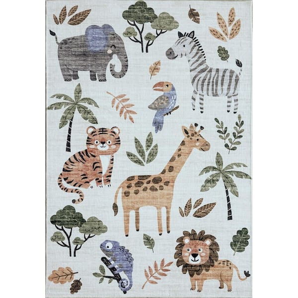 Soft Steps Playtime White Beige 4 ft. x 6 ft. Cartoon Animals, Area Rug
