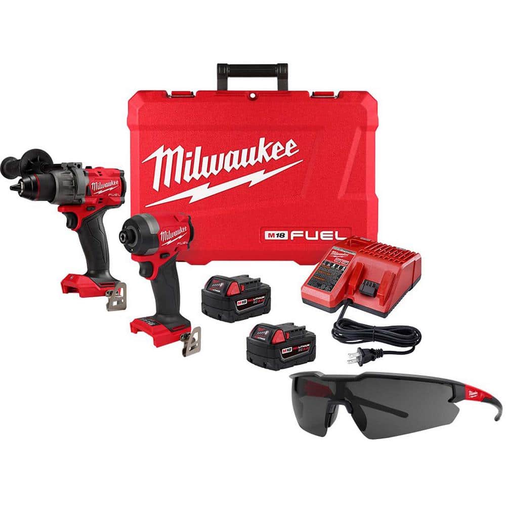 Milwaukee M18 18 Volt Cordless FUEL Brushless Hammer Drill & Impact Driver Combo Kit w/2 Batteries & Gray Safety Glasses