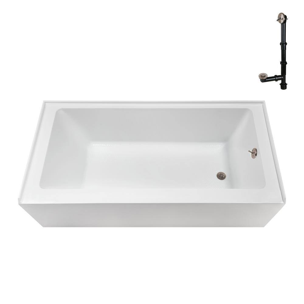 Glossy White Acrylic Right-Hand Drain Alcove Bathtub with Brushed Nickel External Drain