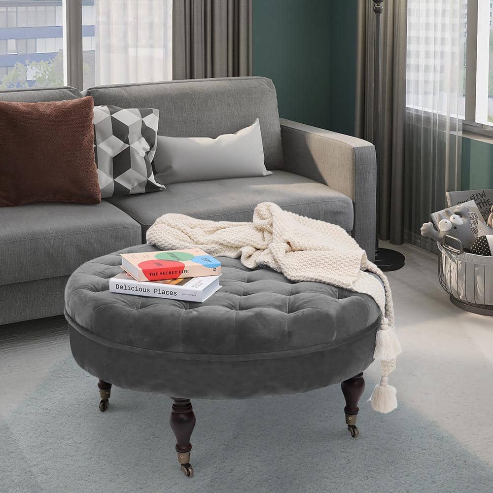 Maypex 33 in. Dark Grey Velvet Fabric Upholstered Tufted Round Cocktail  Ottoman with Casters 300540-DGR-V1 - The Home Depot