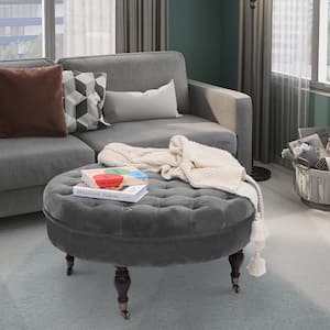 33 in. Dark Grey Velvet Fabric Upholstered Tufted Round Cocktail Ottoman with Casters