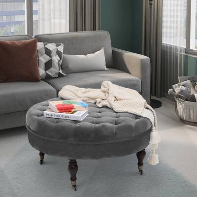 Tufted Living Room Furniture, Orla Round Tufted Fabric Ottoman
