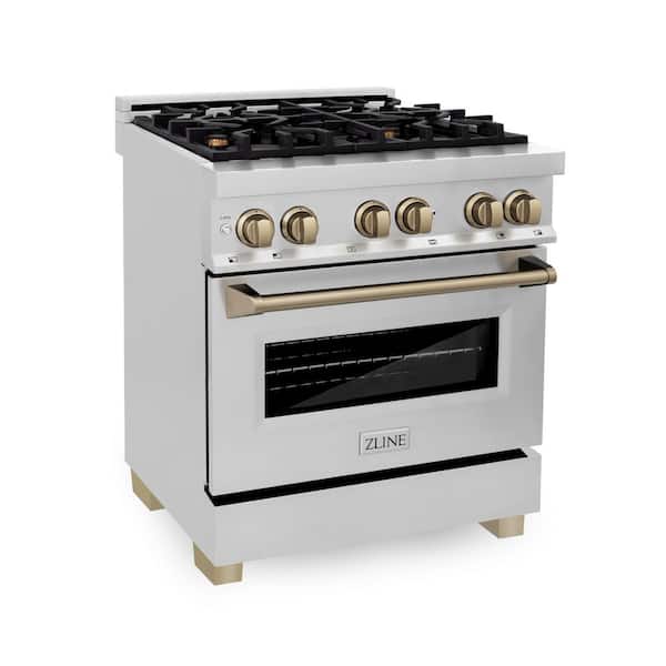 ZLINE Kitchen and Bath Autograph Edition 30 in. 4 Burner Dual Fuel Range in Stainless Steel and Champagne Bronze